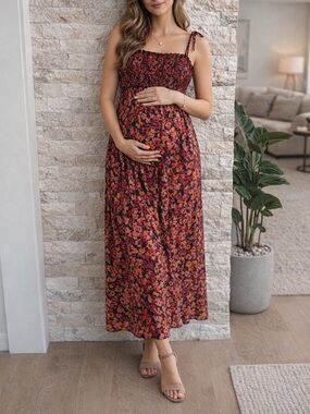 Motherhood Maternity Floral Smocked Dress - Black, Pink, Orange, Yellow size XL
